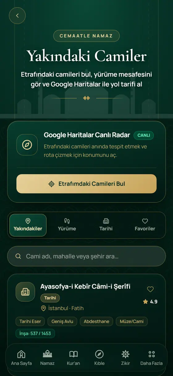 Yakındaki Camiler ekranı