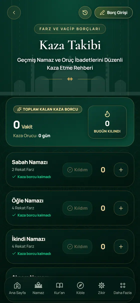 Kaza namazı takip ekranı