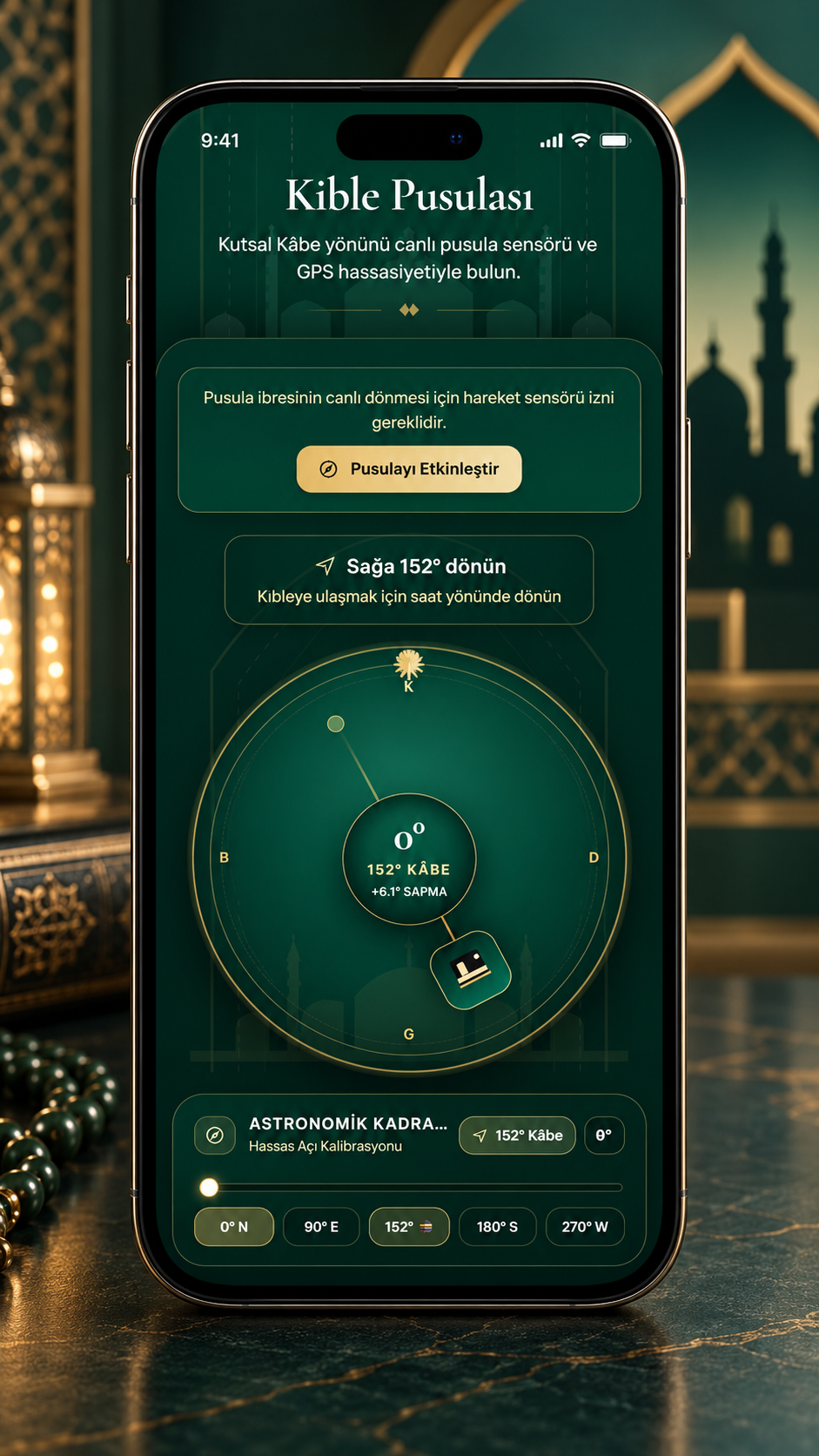 Telefondaki Kıble pusulası ekranı
