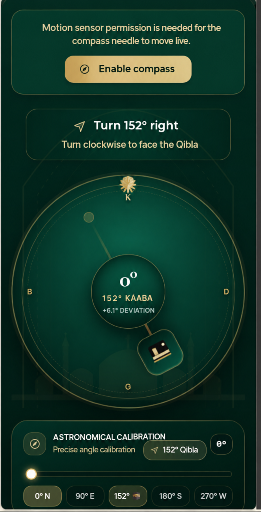 Qibla sensor permission and calibration screen