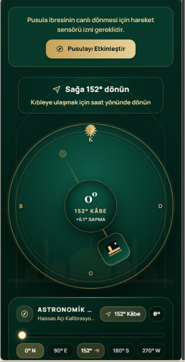 Kıble sensörü izin ve kalibrasyon ekranı